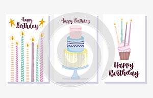 Happy birthday, cake burning candles cupcake cartoon celebration decoration card