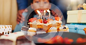 Happy birthday, cake and candle light in celebration with family for party, holiday or special day at home. Closeup of