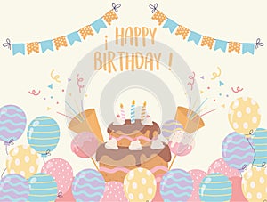 Happy birthday cake with candles balloons candies confetti party decoration