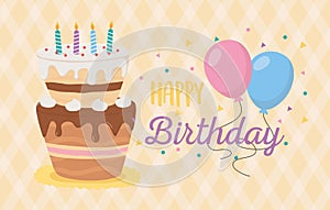 Happy birthday, cake candles balloons celebration checkered background