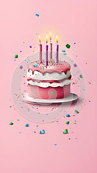 Happy birthday cake with candles and confetti on a pink background illustration Artificial intelligence artwork generated