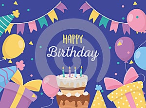 Happy birthday, cake candles gifts balloons hats celebration poster