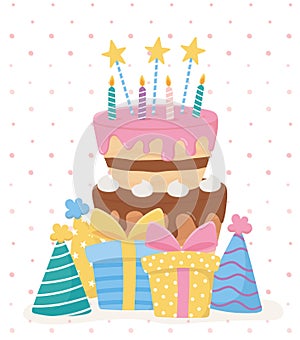 Happy birthday, cake candles stars gifts hats party celebration