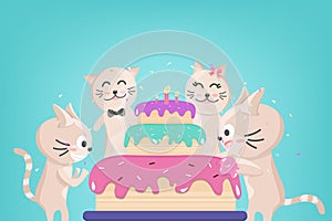 Happy Birthday cake, cute kitten family celebration, confetti falling for party, adorable animal, cat cartoon characters