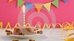 Happy birthday cake for dog from wet food and treats with candle on pink party background