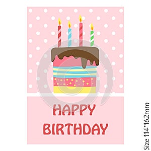 Happy birthday cake greeting card on a pink background.