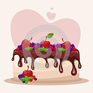 Happy birthday cake illustration design. Birthday card with cherry, chocolate and heart on background. Stock vector