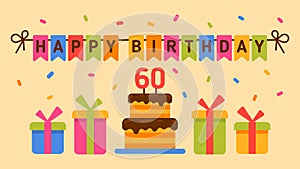 Happy Birthday. Cake with inscription 60 years. Greeting card