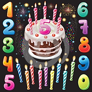 Happy Birthday cake, numbers and firework