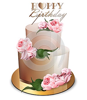 Happy birthday cake Vector realistic. Anniversary, wedding, ceremony modern desserts. Golden cake with peony flowers