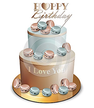 Happy birthday cake Vector realistic. Blue and golden. Anniversary, wedding, ceremony modern desserts