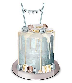 Happy birthday cake Vector realistic. White chocolate frosting and macaroons. Anniversary, wedding, ceremony modern desserts