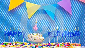 Happy birthday candle letter word for a four year old child. Copy space Happy birthday greetings for 4 year old, lit candles with