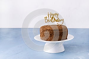 Happy Birthday Candles on Chocolate Cake Tasty Chocolate Homemade Cake for Holiday Horizontal Copy Space