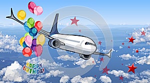 Happy birthday card airplane flying in the sky with balloons above the clouds