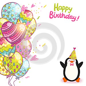 Happy Birthday card background with cute penguin.