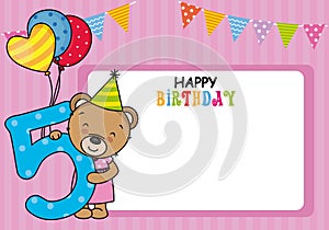 Happy birthday card.  Bear with balloons and the number five.