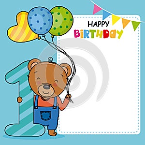 Happy birthday card. Bear with balloons and the number one