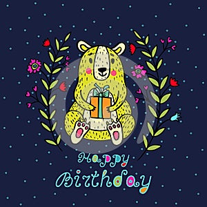 Happy birthday card with bear character and gift box