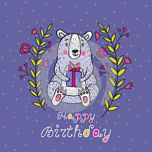 Happy birthday card with bear character and gift box