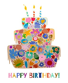Happy birthday card with birthday cake made of different colorful flowers with candles.
