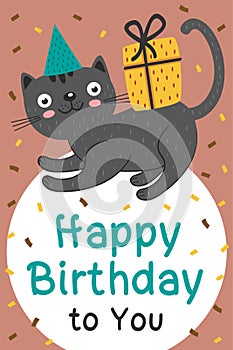 Happy Birthday card with black cat and gift