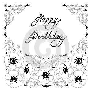 Happy Birthday Card. Black and white sketch of herbs and wildflowers. Hand-drawn collection. Vector illustra