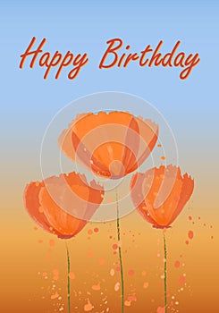 Happy birthday card with blooming Californian poppies. Orange-blue background of the field and sky. Abstract pattern - golden