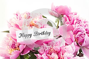Happy Birthday Card with Bouquet of Pink Peonies