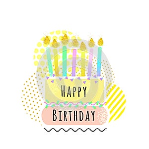 Happy birthday card with cake and candles. cute wishes card. vector illustration