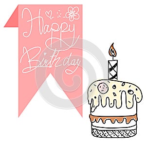 Happy birthday card with cake doodle vector