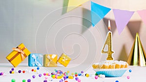 Happy birthday card from candles with the number 4, golden numbers from candles for congratulations on any holiday with beautiful