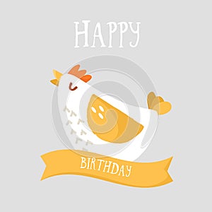 Happy birthday card with cartoon chicken and ribbon. Flat design. Vector