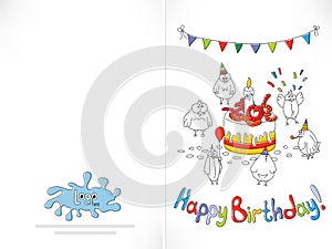 Happy birthday card. Cartoon funny bird on a string.