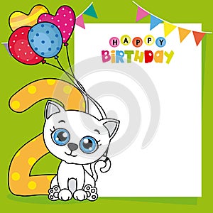 Happy birthday card. Cat with balloons and the number two