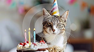 Happy birthday card. cat in a birthday hat and with a cake