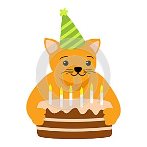 Happy Birthday Card cat and cake. Pleased ginger cat with cap on head. Vector illustration on white background