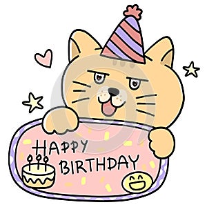 Happy birthday card, cat cartoon drawing