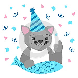 Happy Birthday Card cat and fish. Pleased grey cat with cap on head. Vector illustration on white background