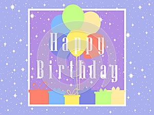 Happy Birthday card celebration banner. Balloons and gifts. Vector