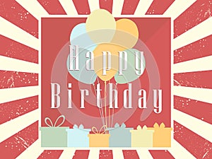 Happy Birthday card celebration banner. Festive retro poster. Balloons and gifts. Vector