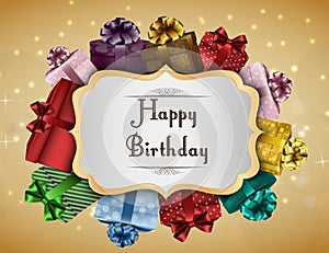Happy birthday card with colorful gift boxes