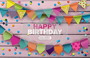 Happy Birthday card with colorful paper garlands and confetti