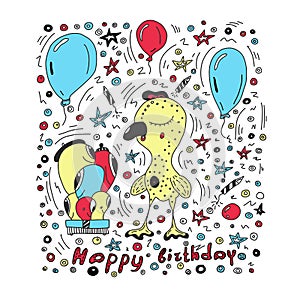 Happy birthday card colorful vector background c with cute cartoon style characters . Vector illustration