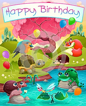 Happy Birthday card with cute animals in the countryside