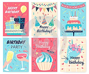 Happy birthday card. Cute birthday greeting cards with hand drawn elements cake, candles, balloons. Party invitation