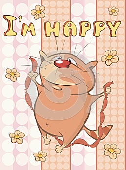 Happy Birthday Card Cute Cartoon Character Cat . Vector Greeting Card. Happy Moment. Congratulation