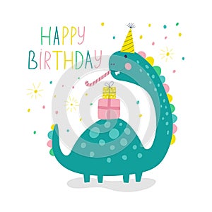 Happy birthday card with cute dino. Vector illustrations