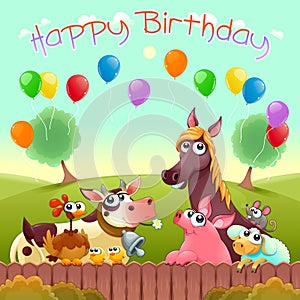 Happy Birthday card with cute farm animals in the countryside