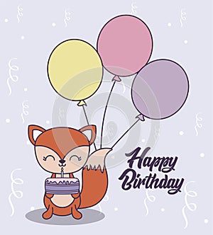 happy birthday card with cute fox and cake of birthday